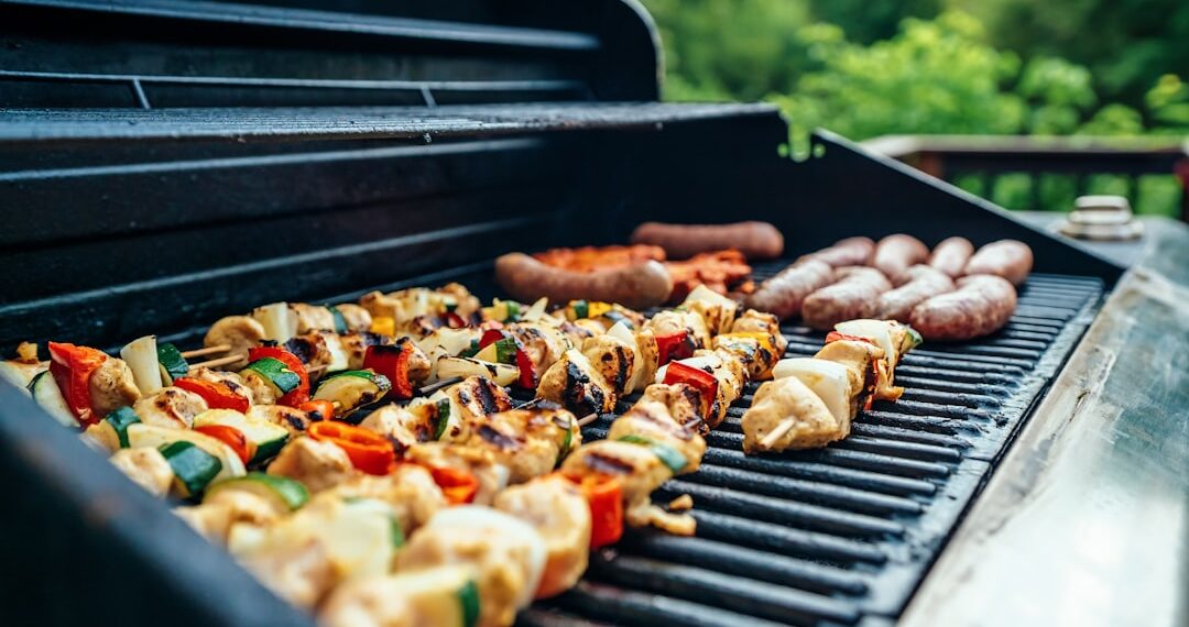 We joined a few friends for a Sunday afternoon cookout, and I found myself manning the grill. The colors caught my eye first, as I loved the contrast of the colorful kebabs with the blue of the grill and the green of the yard behind.