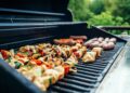 We joined a few friends for a Sunday afternoon cookout, and I found myself manning the grill. The colors caught my eye first, as I loved the contrast of the colorful kebabs with the blue of the grill and the green of the yard behind.