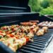 We joined a few friends for a Sunday afternoon cookout, and I found myself manning the grill. The colors caught my eye first, as I loved the contrast of the colorful kebabs with the blue of the grill and the green of the yard behind.
